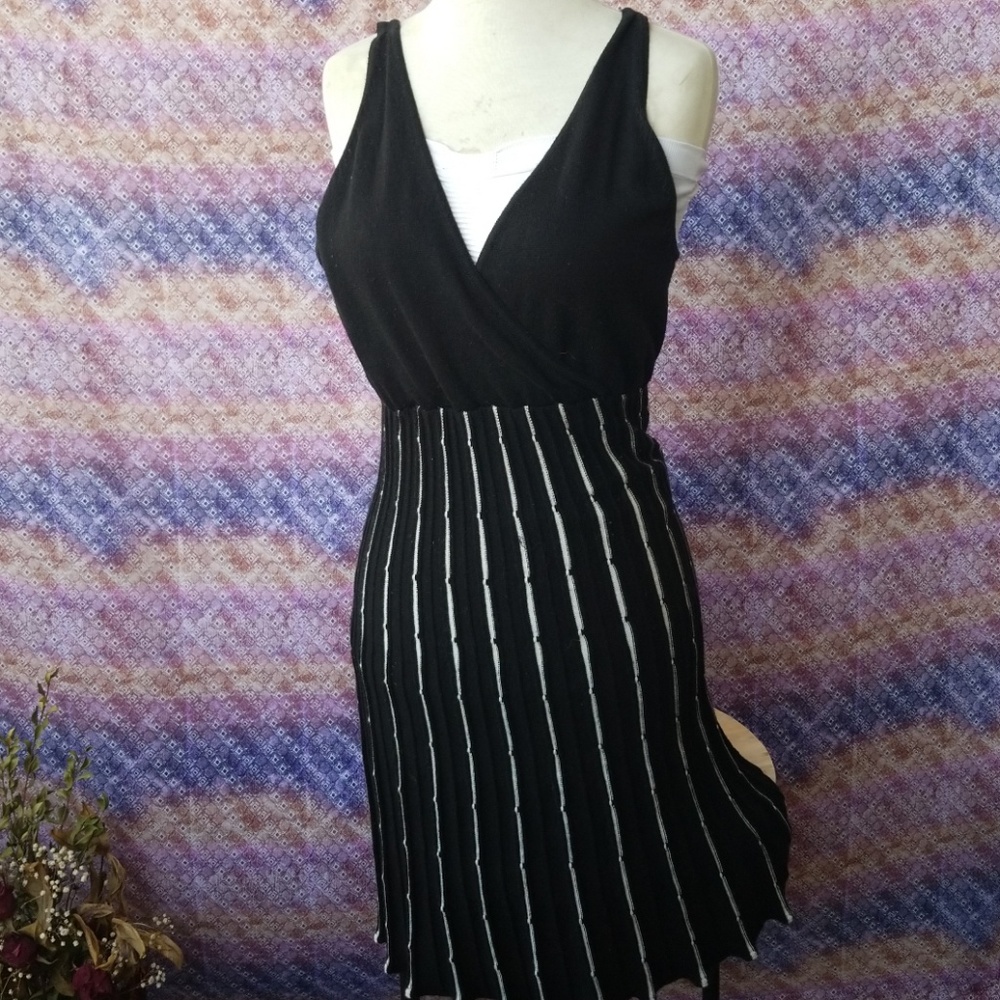 Black Sleeveless Mini Dress w/ White Stripes,